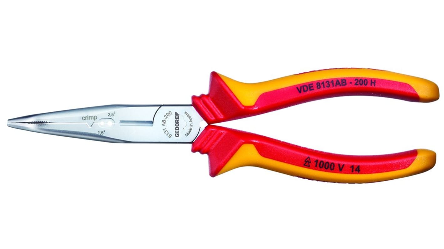 Gedore 2910845 Long Nose Pliers, 200 mm Overall, Straight Tip, VDE/1000V