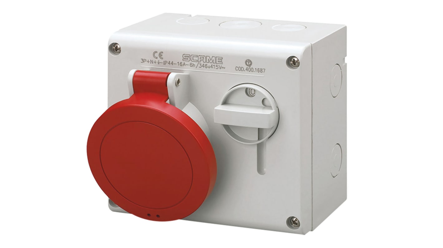 Scame Switchable IP44 Industrial Interlock Socket 3P+N+E, Earthing Position 6h, 16A, 415 V