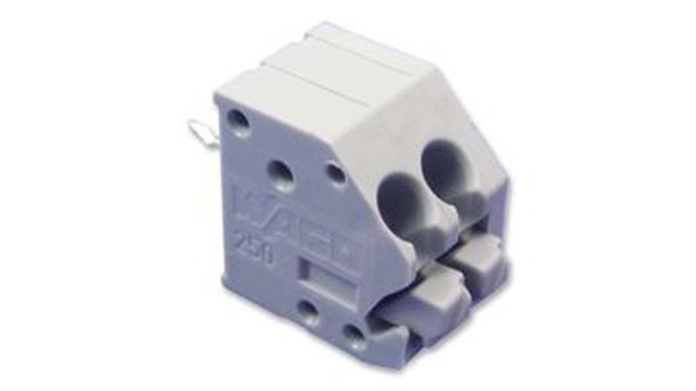 WAGO 250 Series PCB Terminal Strip, 2-Pole, Female, 2-Way, PCB Mount, 10 (CSA) A, 5 (UL) A, 8 (IEC/EN 60664-1) A