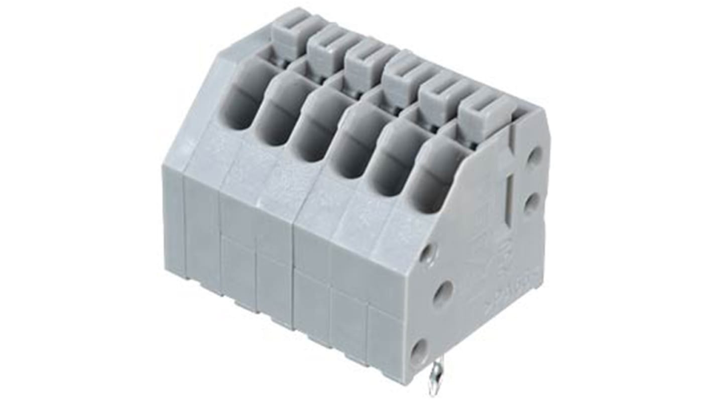 WAGO 250 Series PCB Terminal Strip, 6-Pole, Female, 6-Way, PCB Mount, 2 (CSA) A, 4 (IEC/EN 60664-1) A, 5 (UL) A