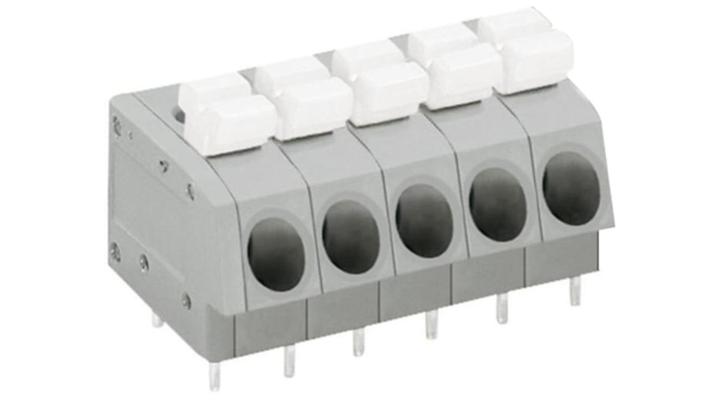 WAGO 804 Series PCB Terminal Strip, 5-Pole, Female, 5-Way, PCB Mount, 10 (UL/CSA) A, 24 (IEC/EN 60664-1) A
