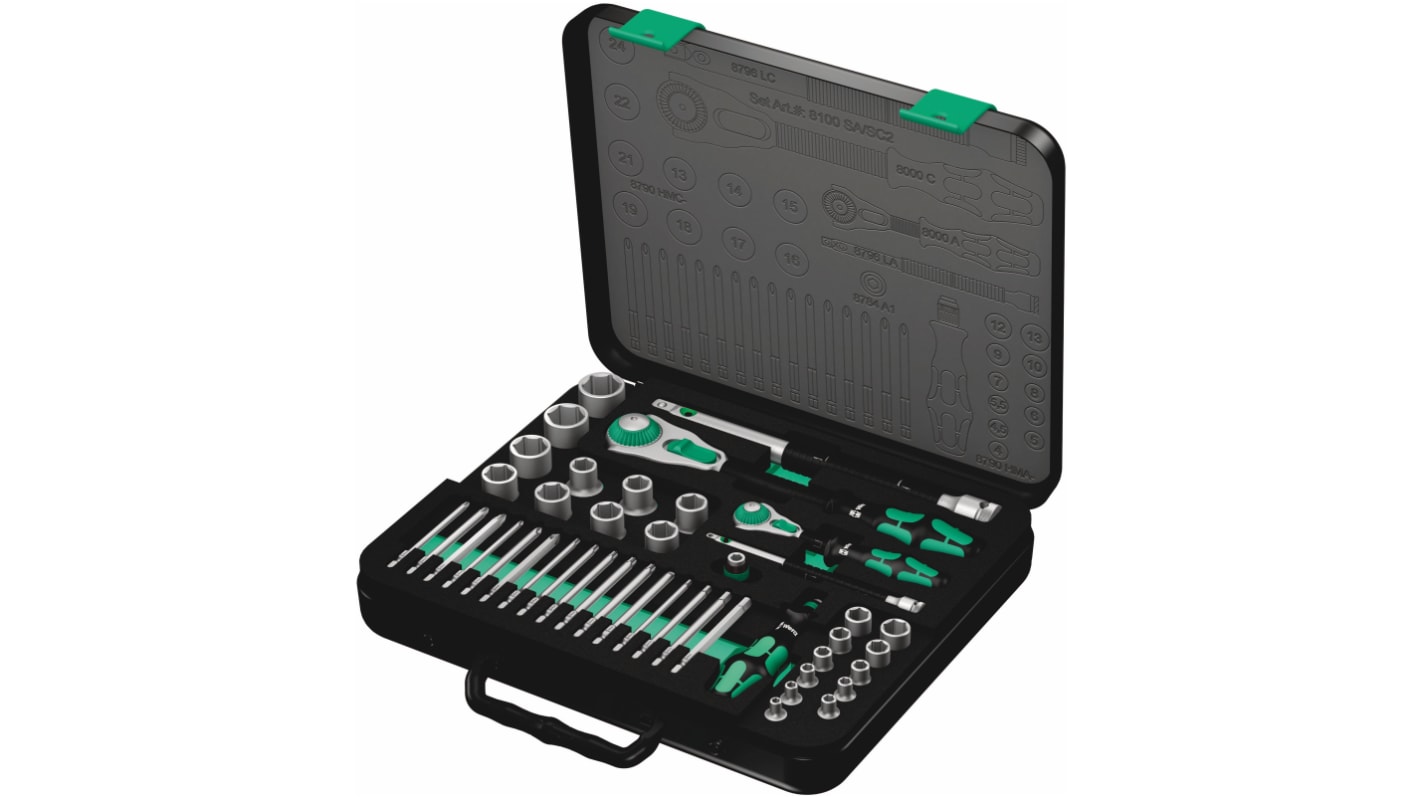 Wera 43-Piece Metric 1/2 in; 1/4 in Standard Socket/Bit Set with Ratchet, 6 point; Hex Bit; Phillips Bit; Pozidriv Bit;