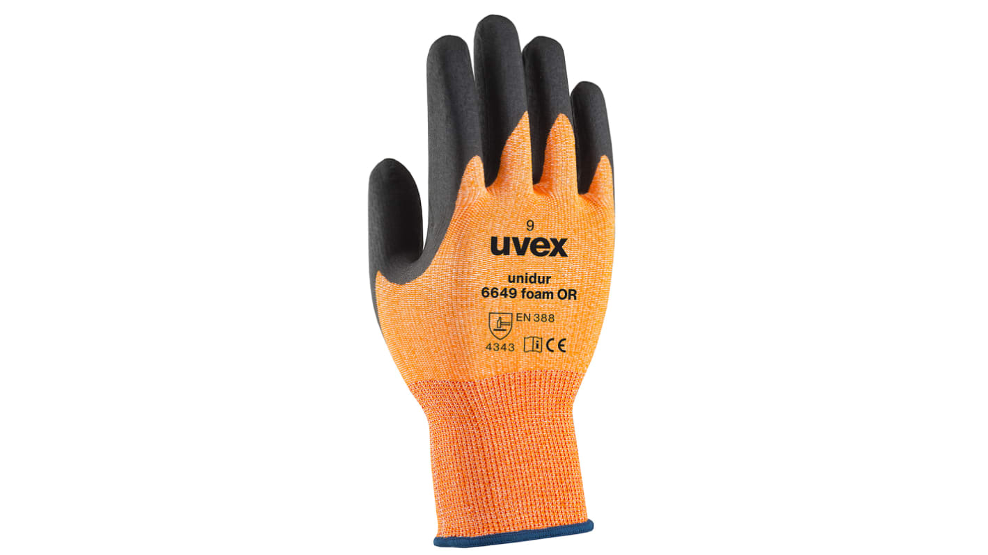 Guantes de trabajo de HPPE Naranja Uvex serie Unidur 6649 foam OR, talla 11, con recubrimiento de Espuma de nitrilo