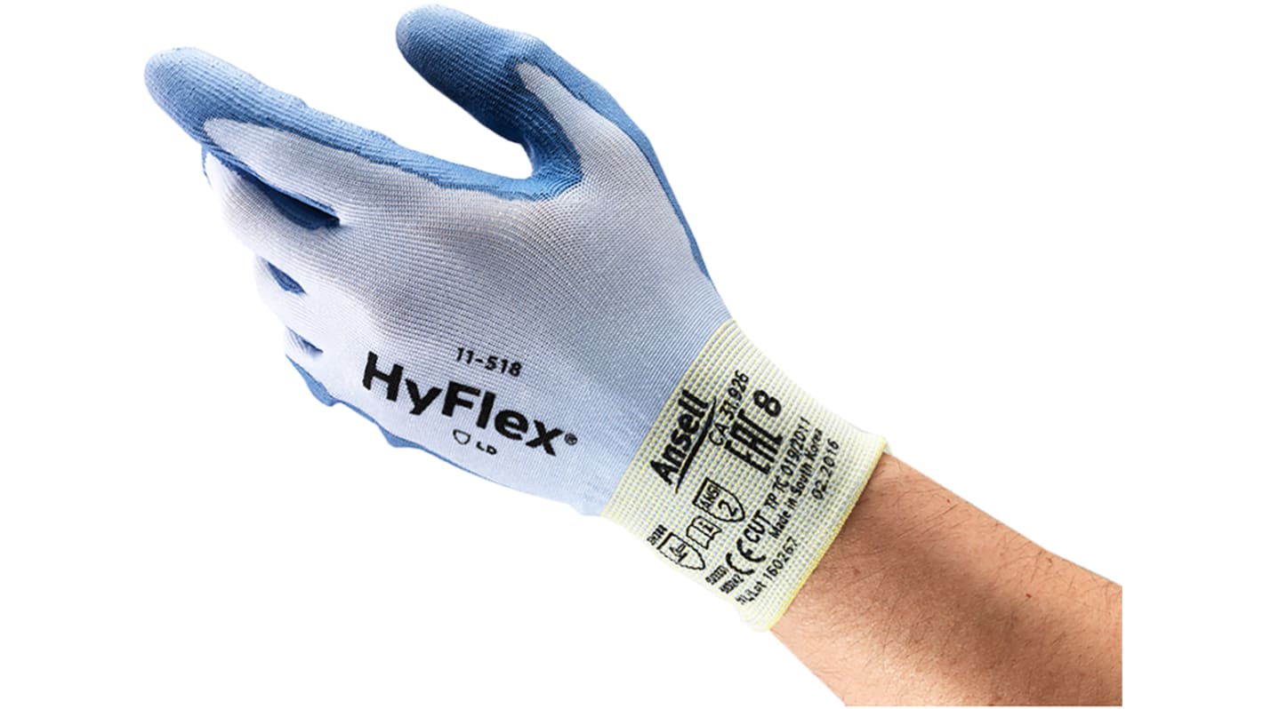 Ansell HyFlex Blue Nylon Cut Resistant Gloves, Size 8, Medium, Polyurethane Coating