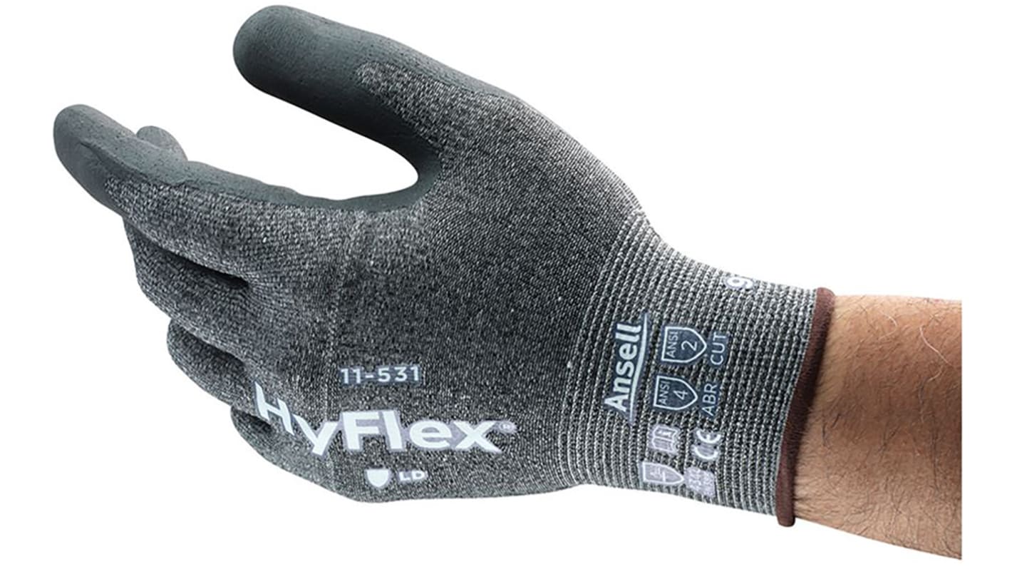 Ansell HyFlex 11-931 Grey Nylon Cut Resistant Work Gloves, Size 8, Nitrile Coating