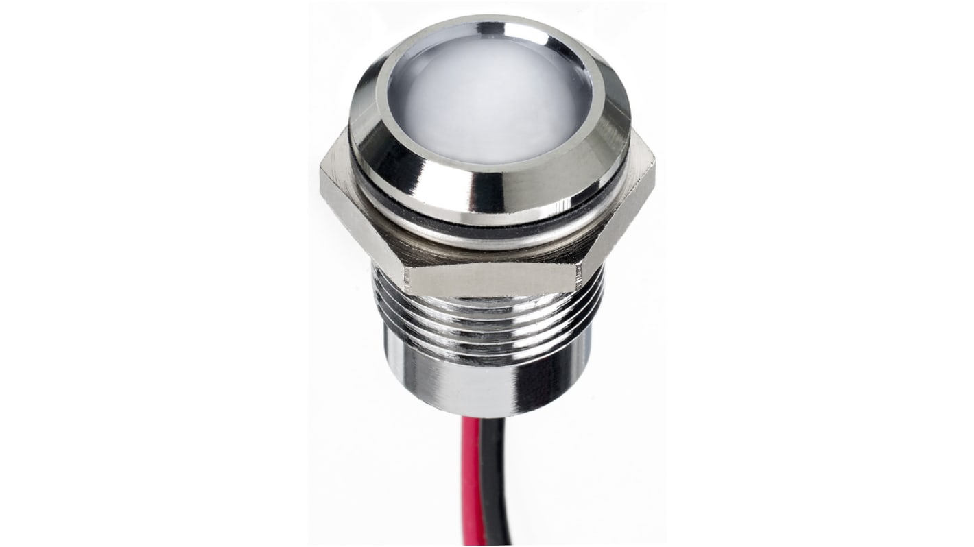 RS PRO White Panel Mount Indicator, 1.8 → 3.3V dc, 14mm Mounting Hole Size, Lead Wires Termination, IP67