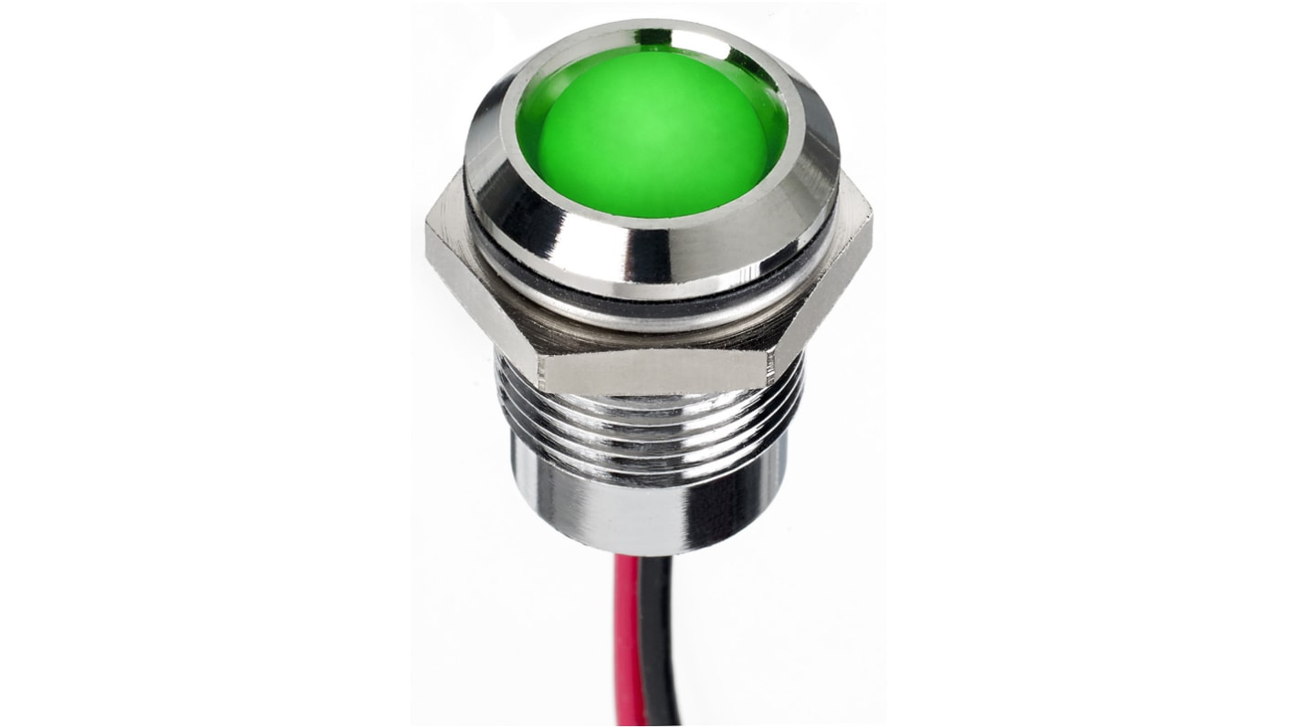 RS PRO Green Panel Mount Indicator, 12V dc, 14mm Mounting Hole Size, Lead Wires Termination, IP67