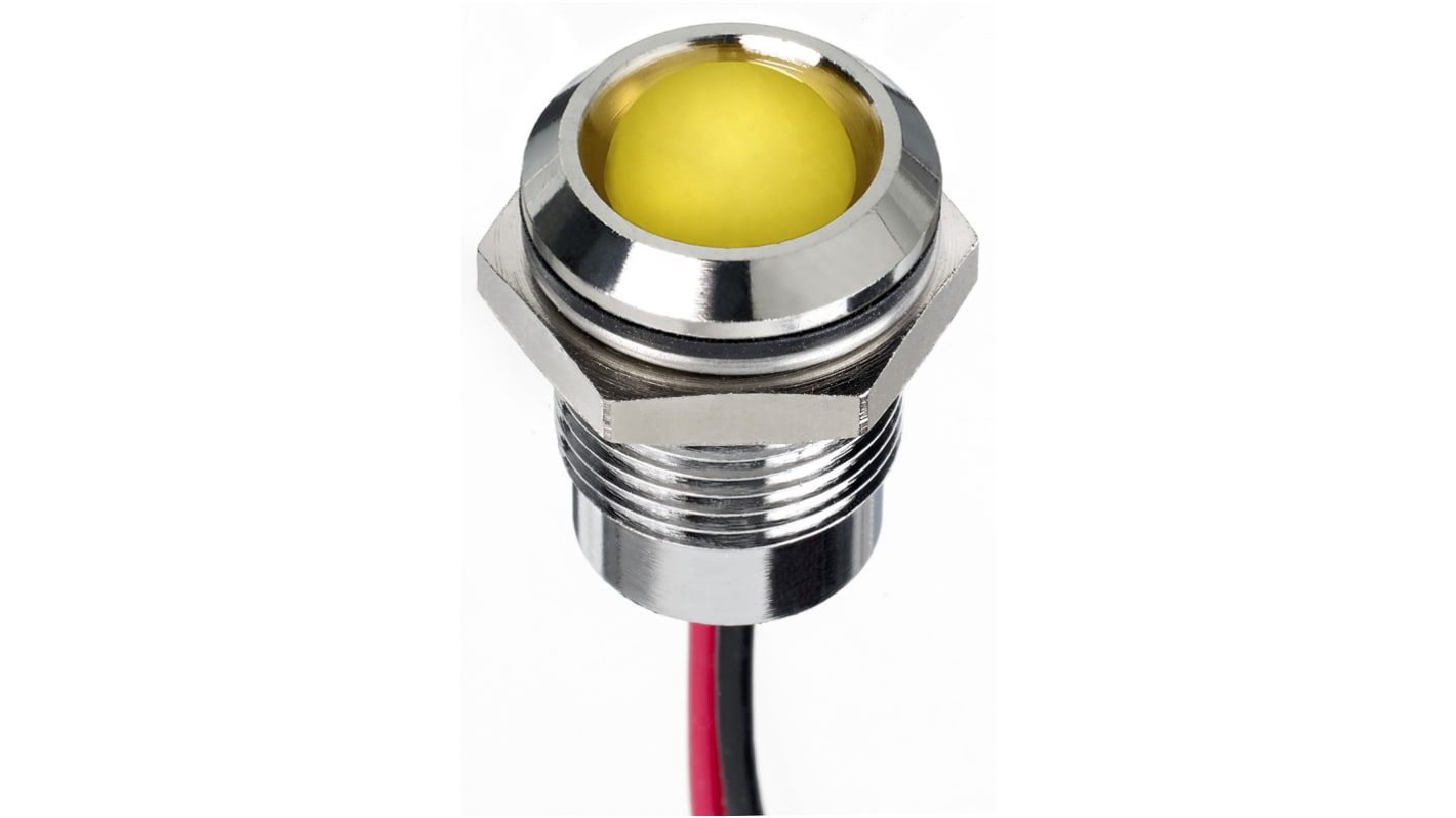RS PRO Yellow Panel Mount Indicator, 12V dc, 14mm Mounting Hole Size, Lead Wires Termination, IP67