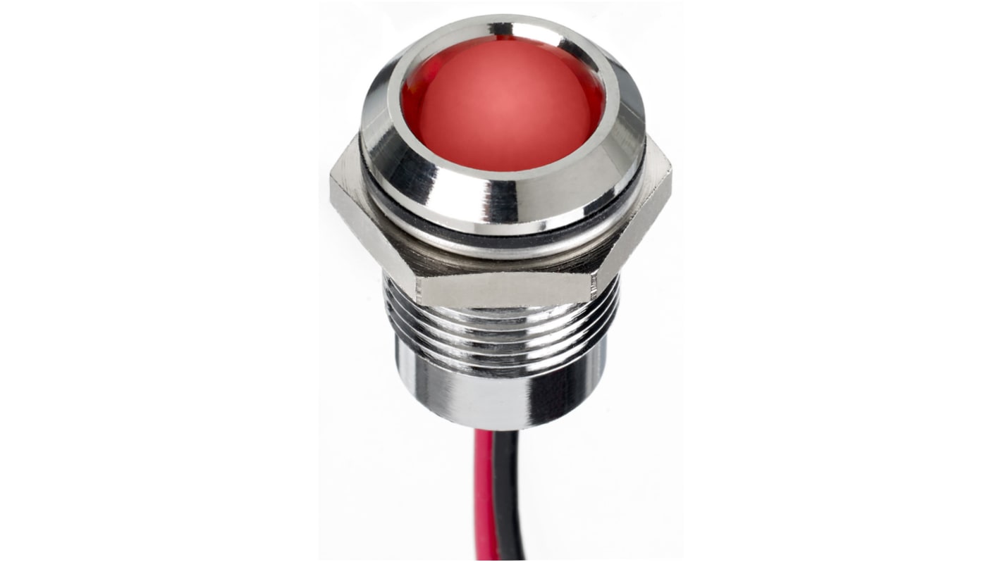 Indicador LED RS PRO, Rojo, lente prominente, marco Cromo, Ø montaje 14mm, 24V dc, 20mA, 2800mcd, IP67