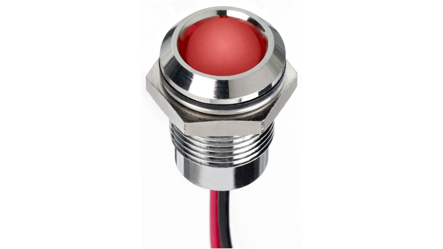 RS PRO 红色LED面板指示灯, 24V 直流, 20mA, Φ14mm安装孔, 引线端接, 凸型边框, 铬色边框, IP67