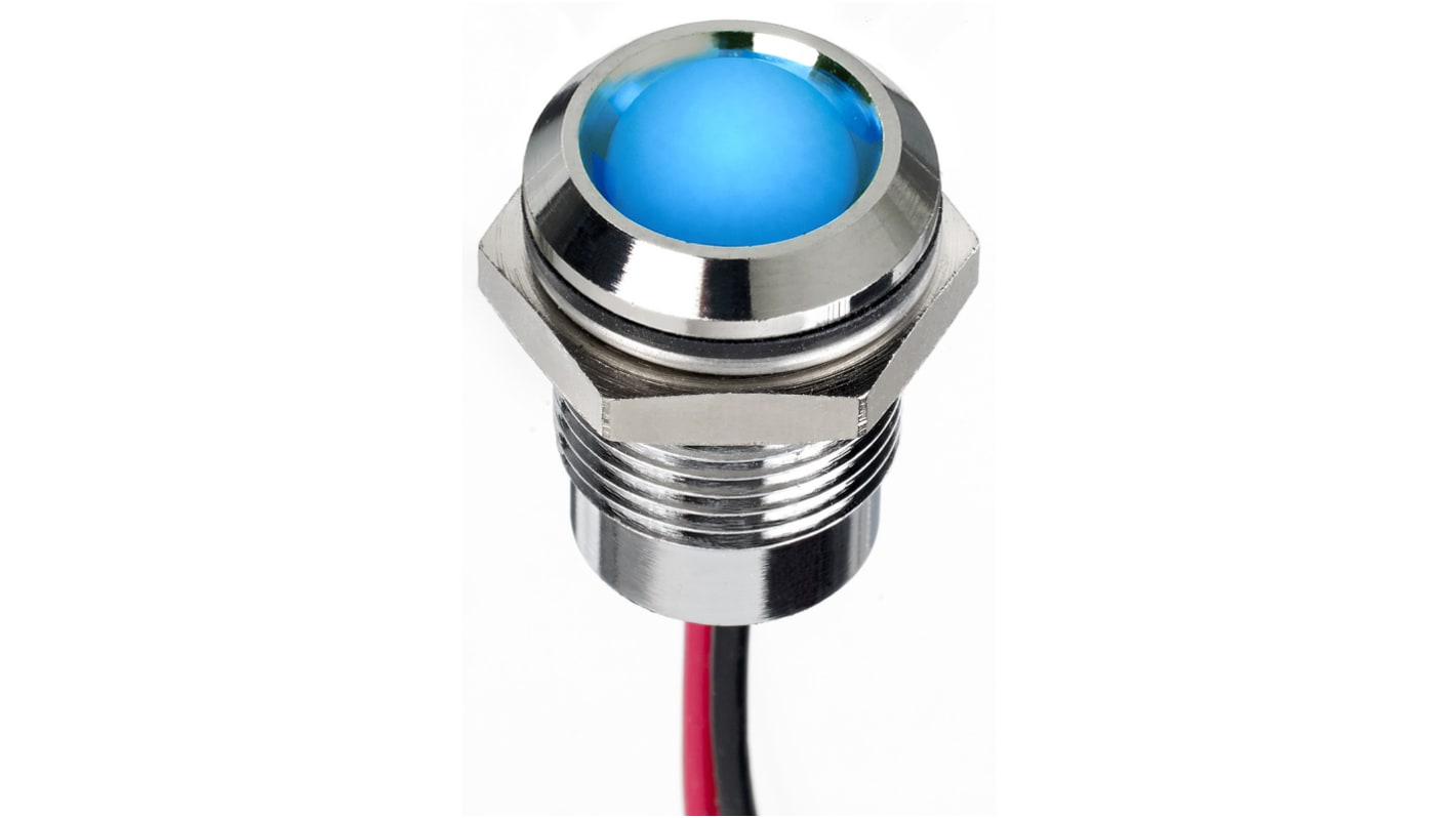 Indicador LED RS PRO, Azul, lente prominente, marco Cromo, Ø montaje 14mm, 24V dc, 20mA, 540mcd, IP67