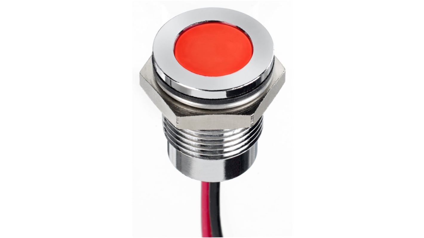 Lampka kontrolna do montażu panelowego 1.8 → 3.3V dc, czerwona 14mm LED Chrom Wyprowadzenia RS PRO