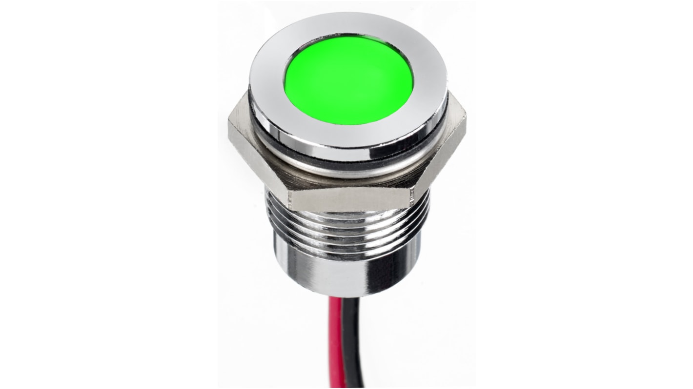 Lampka kontrolna do montażu panelowego 1.8 → 3.3V dc, zielona 14mm LED Chrom Wyprowadzenia RS PRO