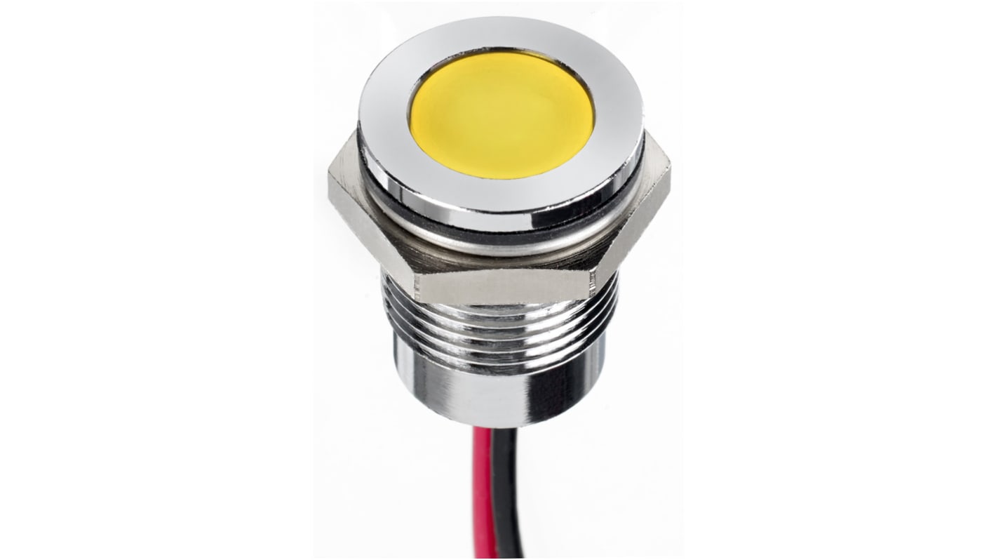 RS PRO Yellow Panel Mount Indicator, 1.8 → 3.3V dc, 14mm Mounting Hole Size, Lead Wires Termination, IP67