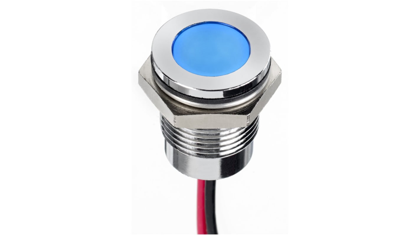 RS PRO Blue Panel Mount Indicator, 12V dc, 14mm Mounting Hole Size, Lead Wires Termination, IP67