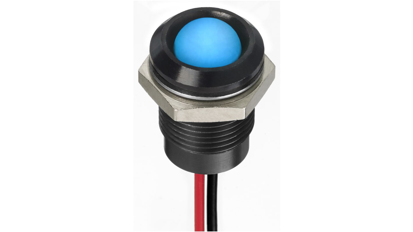 RS PRO Blue Panel Mount Indicator, 12V dc, 14mm Mounting Hole Size, Lead Wires Termination, IP67