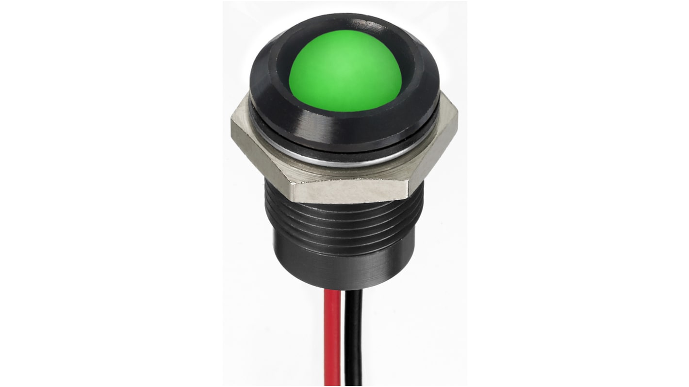 RS PRO Green Panel Mount Indicator, 24V dc, 14mm Mounting Hole Size, Lead Wires Termination, IP67