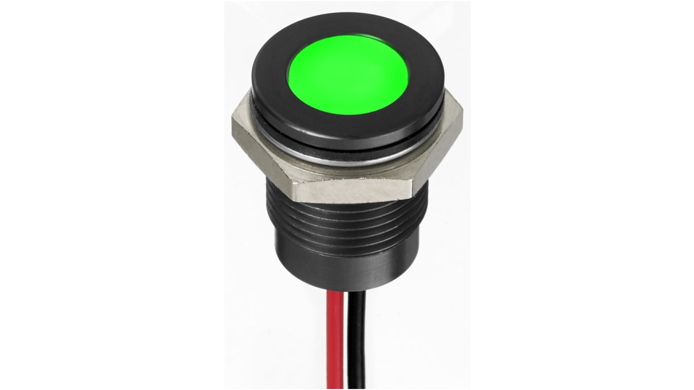 RS PRO Green Panel Mount Indicator, 12V dc, 14mm Mounting Hole Size, Lead Wires Termination, IP67