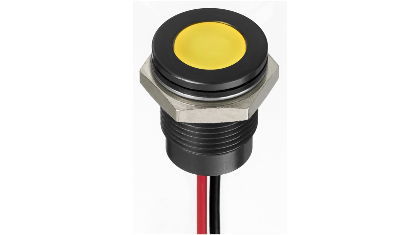 Indicador LED RS PRO, Amarillo, lente enrasada, Ø montaje 14mm, 24V dc, 20mA, 250mcd, IP67