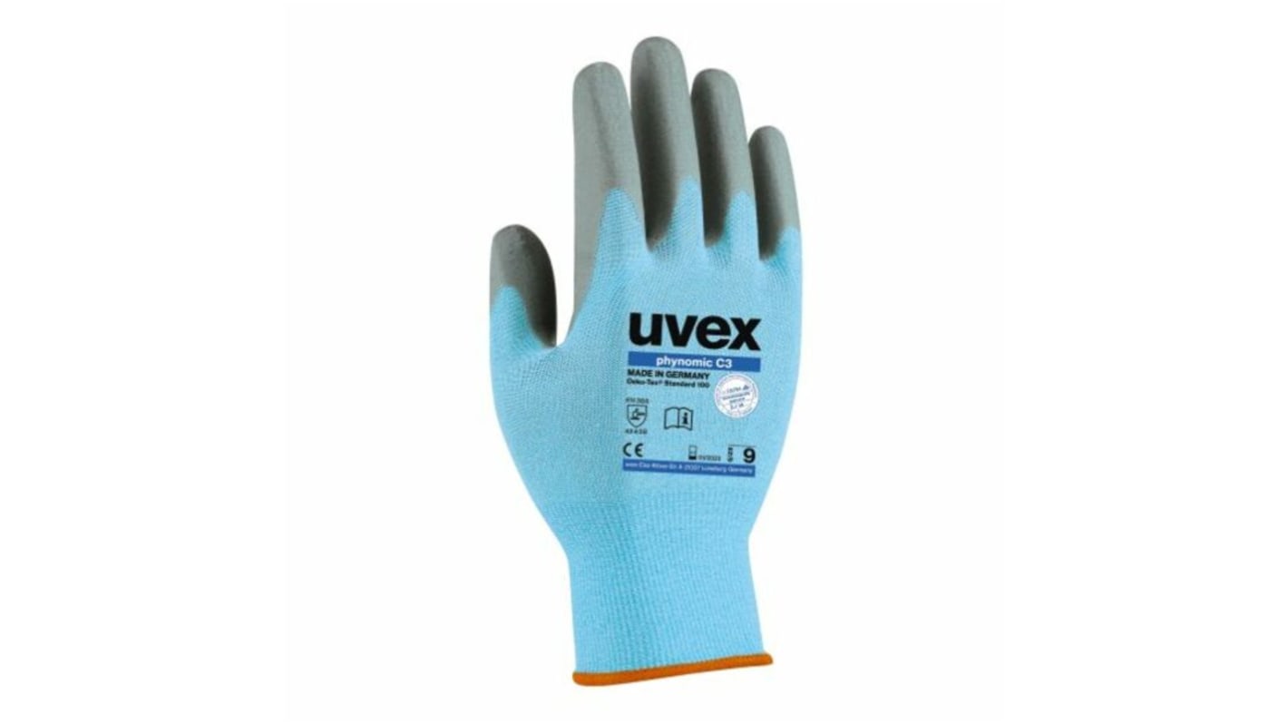 Uvex Phynomic C3 Blue Elastane Cut Resistant Work Gloves, Size 8, Aqua-Polymer Foam Coating