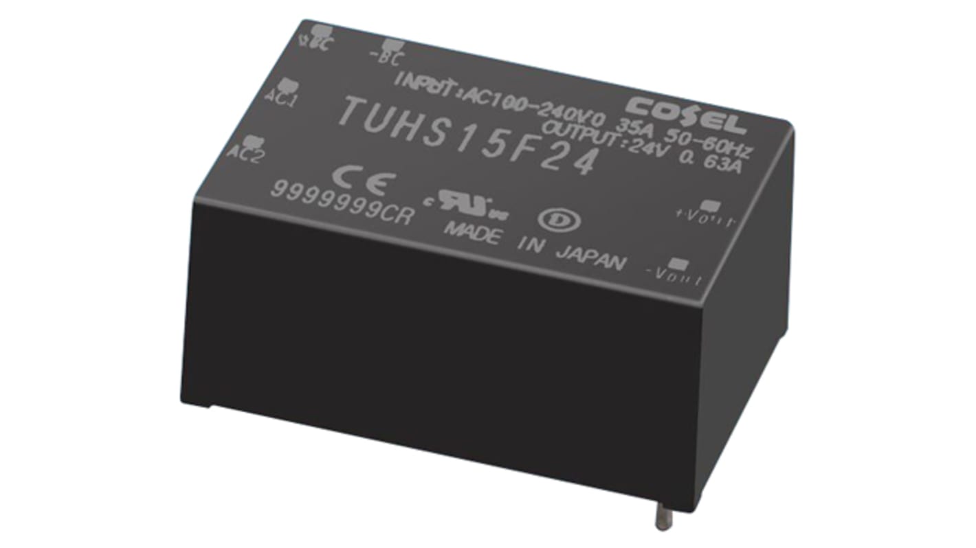 Cosel AC-DC Power Supply, TUHS15F24, 24V dc, 630mA, 15W, 1 Output, 120 → 370 V dc, 85 → 264 V ac Input