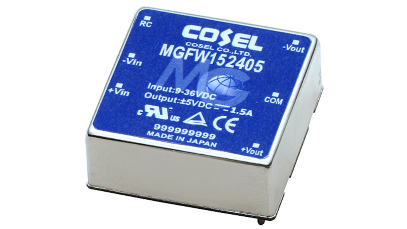 Cosel MGFW DC-DC Converter, ±5V dc/ 1.5A Output, 18 → 76 V dc Input, 15W, PCB Mount, +85°C Max Temp -40°C Min