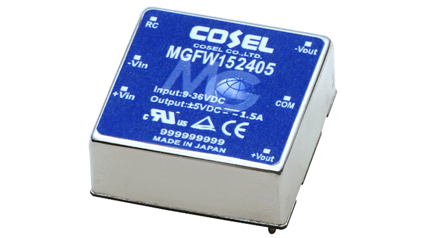 Cosel MGFW DC-DC Converter, ±12V dc/ 650mA Output, 18 → 76 V dc Input, 15.6W, PCB Mount, +85°C Max Temp -40°C