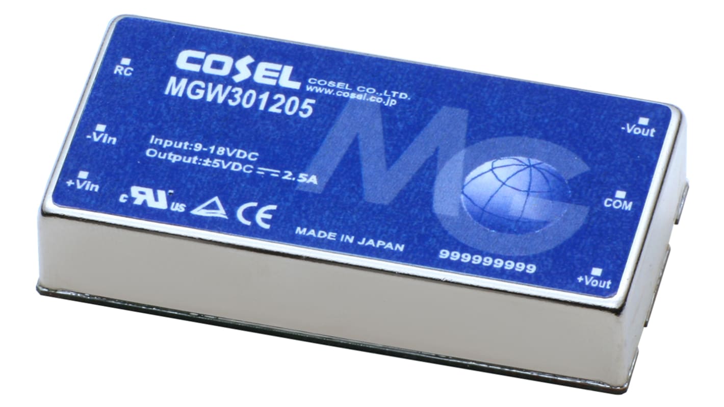 Cosel MGW DC-DC Converter, ±12V dc/ 1.25A Output, 9 → 18 V dc Input, 30W, PCB Mount, +85°C Max Temp -40°C Min