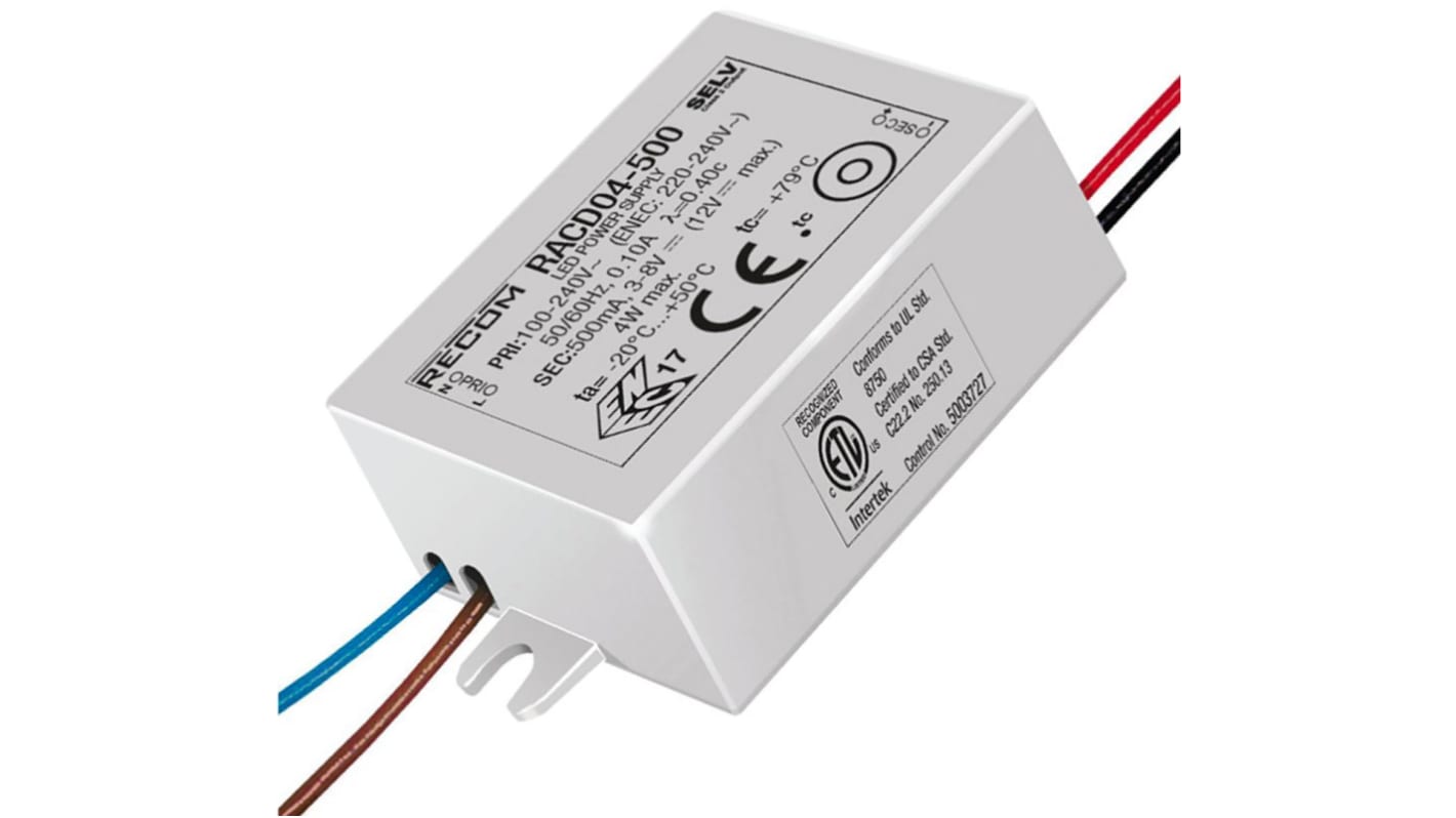 Driver LED corriente constante Recom RACD04 de salidas, IN: 90→ 264 V ac, OUT: 3 → 6V dc, 700mA, 4.2W, no