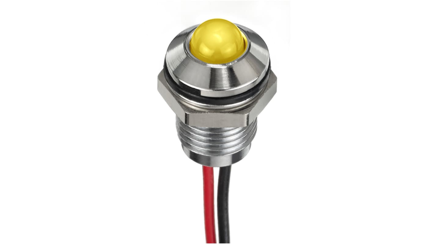RS PRO Yellow Panel Mount Indicator, 12V dc, 8mm Mounting Hole Size, Lead Wires Termination, IP67