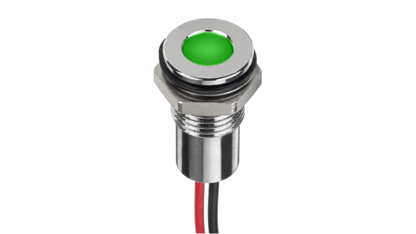 RS PRO 绿色LED面板指示灯, 1.8 → 3.3V 直流, 20mA, Φ8mm安装孔, 引线端接, 嵌入式边框, 铬色边框, IP67