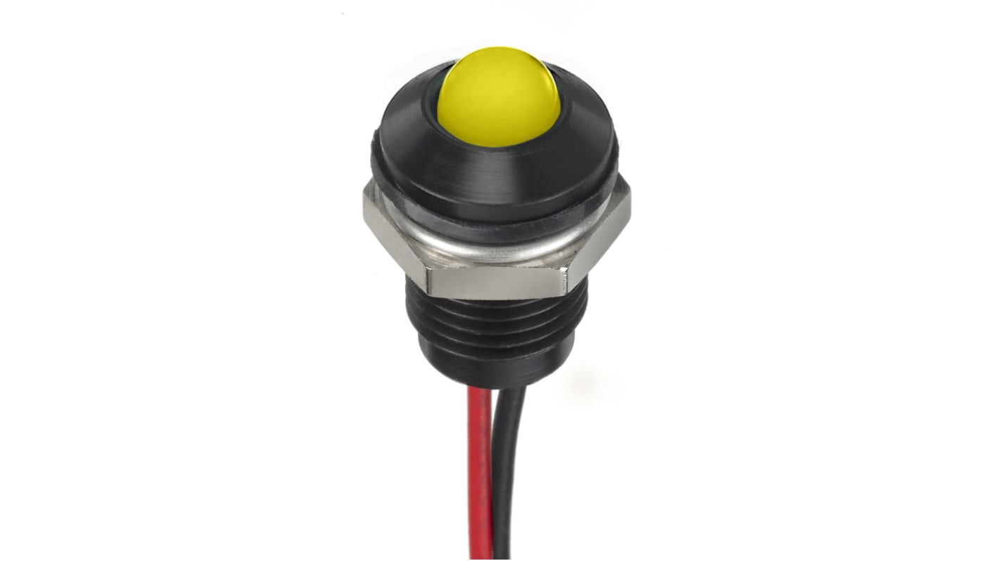 RS PRO Yellow Panel Mount Indicator, 1.8 → 3.3V dc, 8mm Mounting Hole Size, Lead Wires Termination, IP67