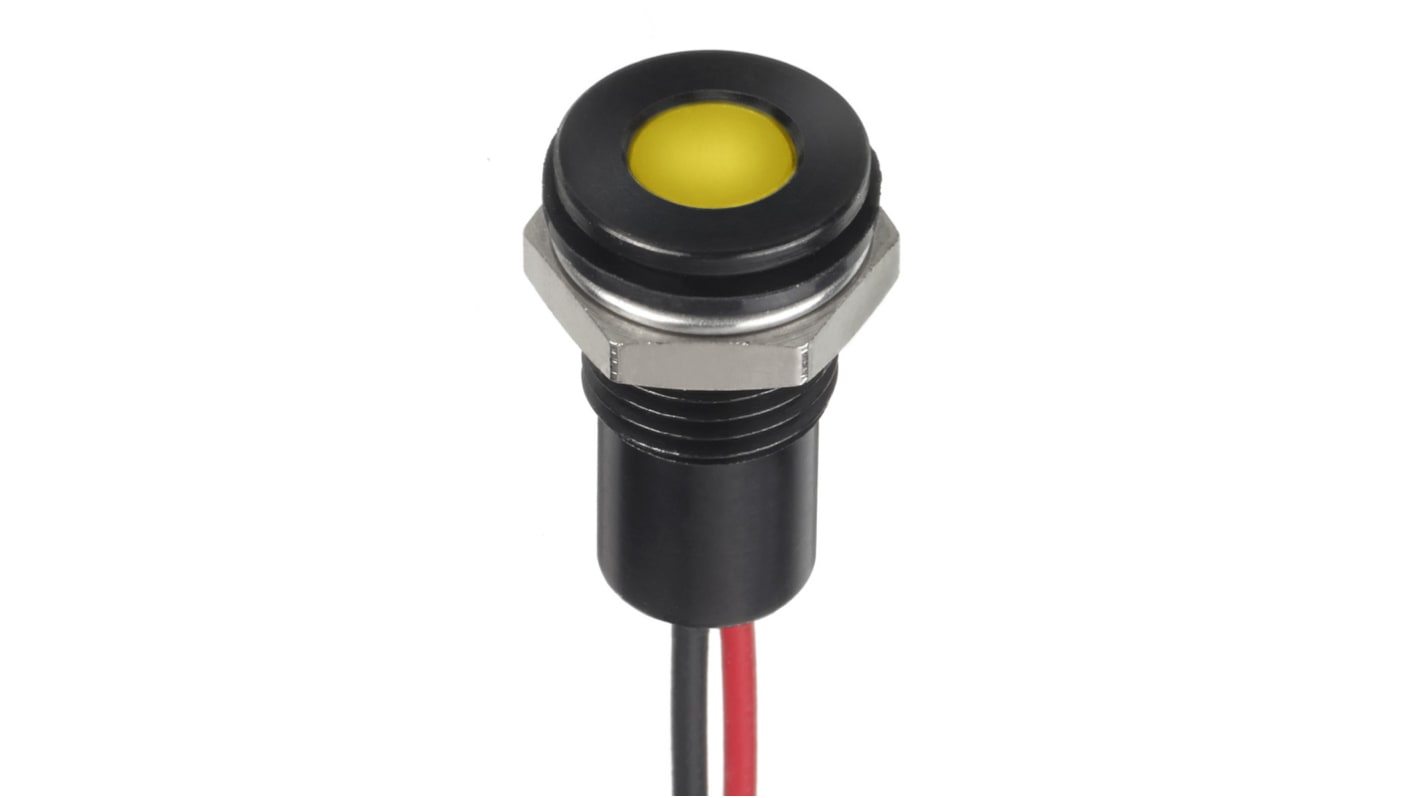 RS PRO Yellow Panel Mount Indicator, 1.8 → 3.3V dc, 8mm Mounting Hole Size, Lead Wires Termination, IP67