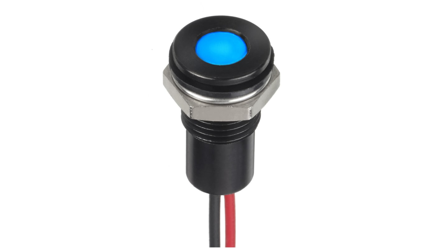 RS PRO Blue Panel Mount Indicator, 1.8 → 3.3V dc, 8mm Mounting Hole Size, Lead Wires Termination, IP67