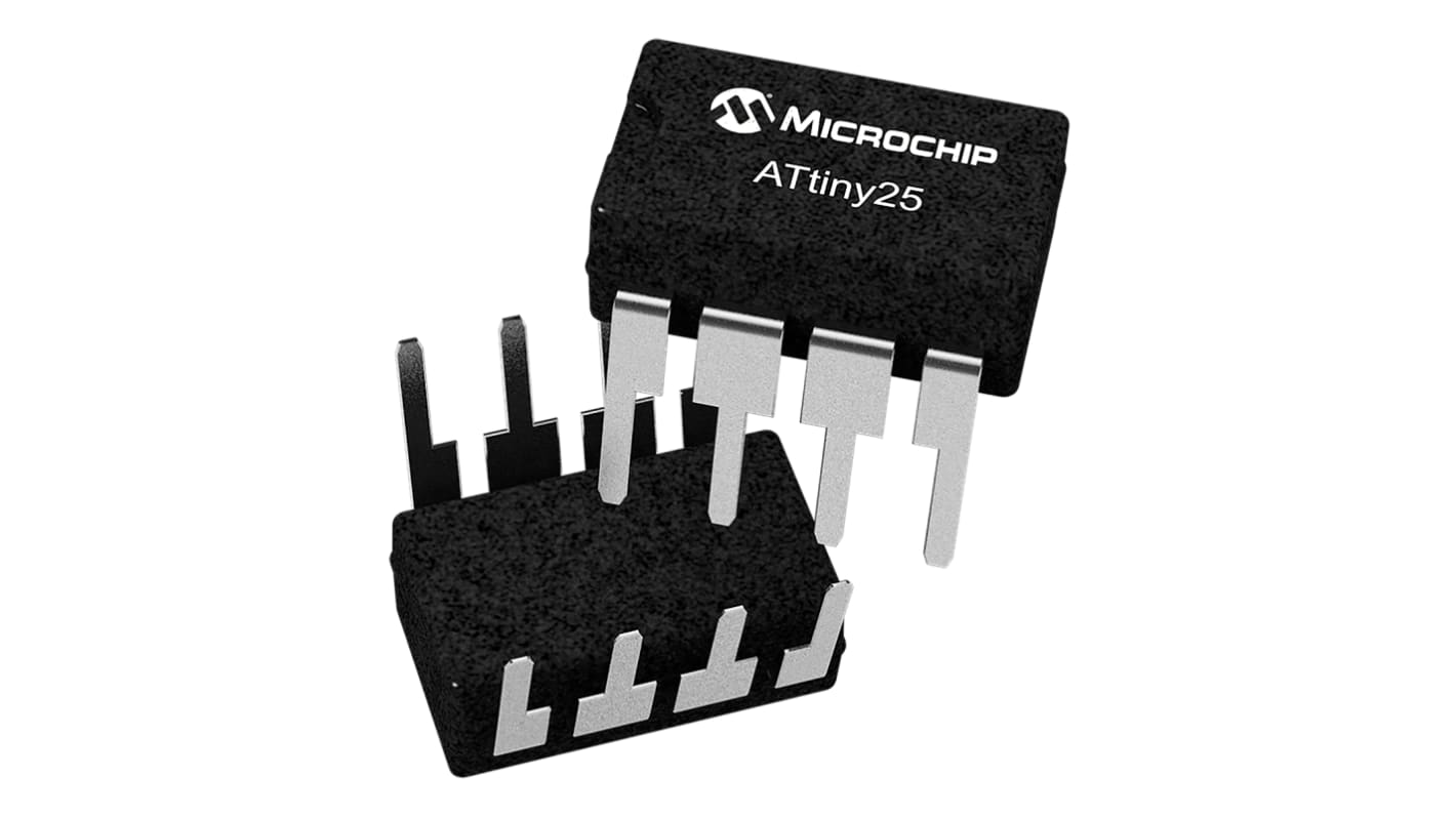 Microcontrolador Microchip ATTINY25V-10PU, núcleo AVR de 8bit, RAM 128 B, 10MHZ, PDIP de 8 pines