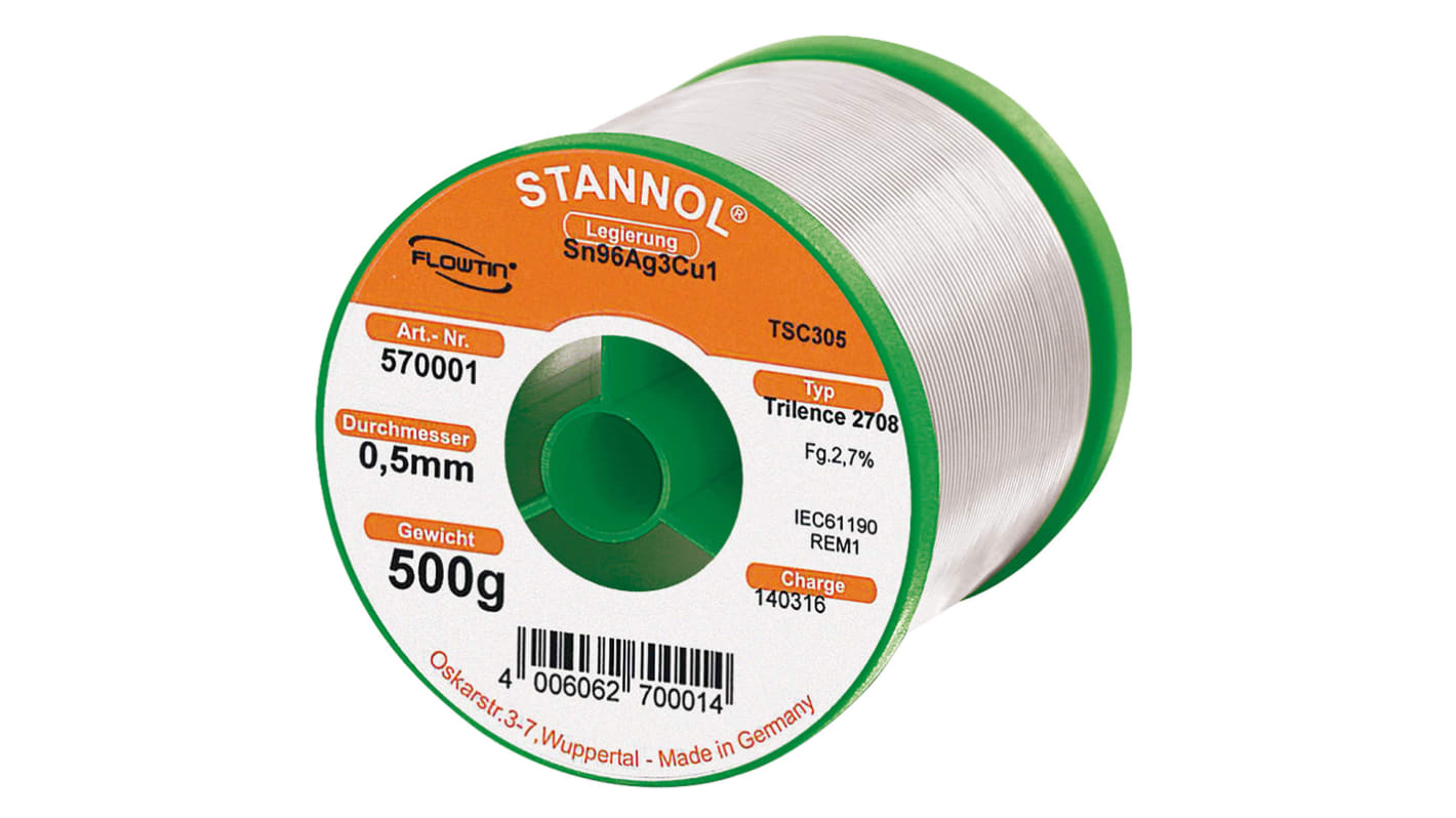 Stannol Wire, 0.5mm Lead Free Solder, 217°C Melting Point