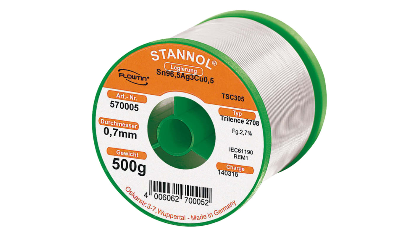 Stannol Wire, 0.7mm Lead Free Solder, 217°C Melting Point