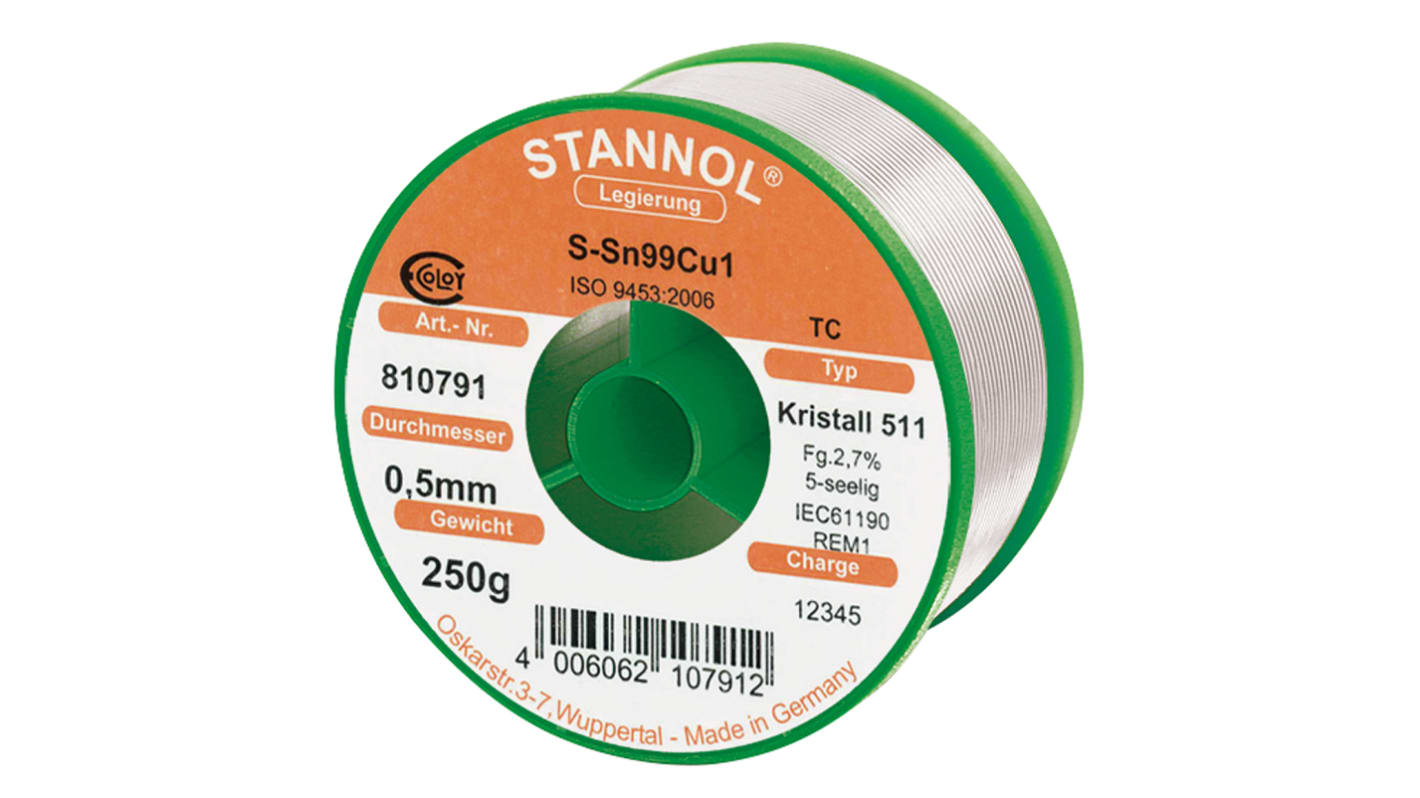 Stannol 焊锡丝, 无铅焊锡, 0.5mm直径, 0%铅, 227°C熔点, 松香助焊剂, Kristall 511