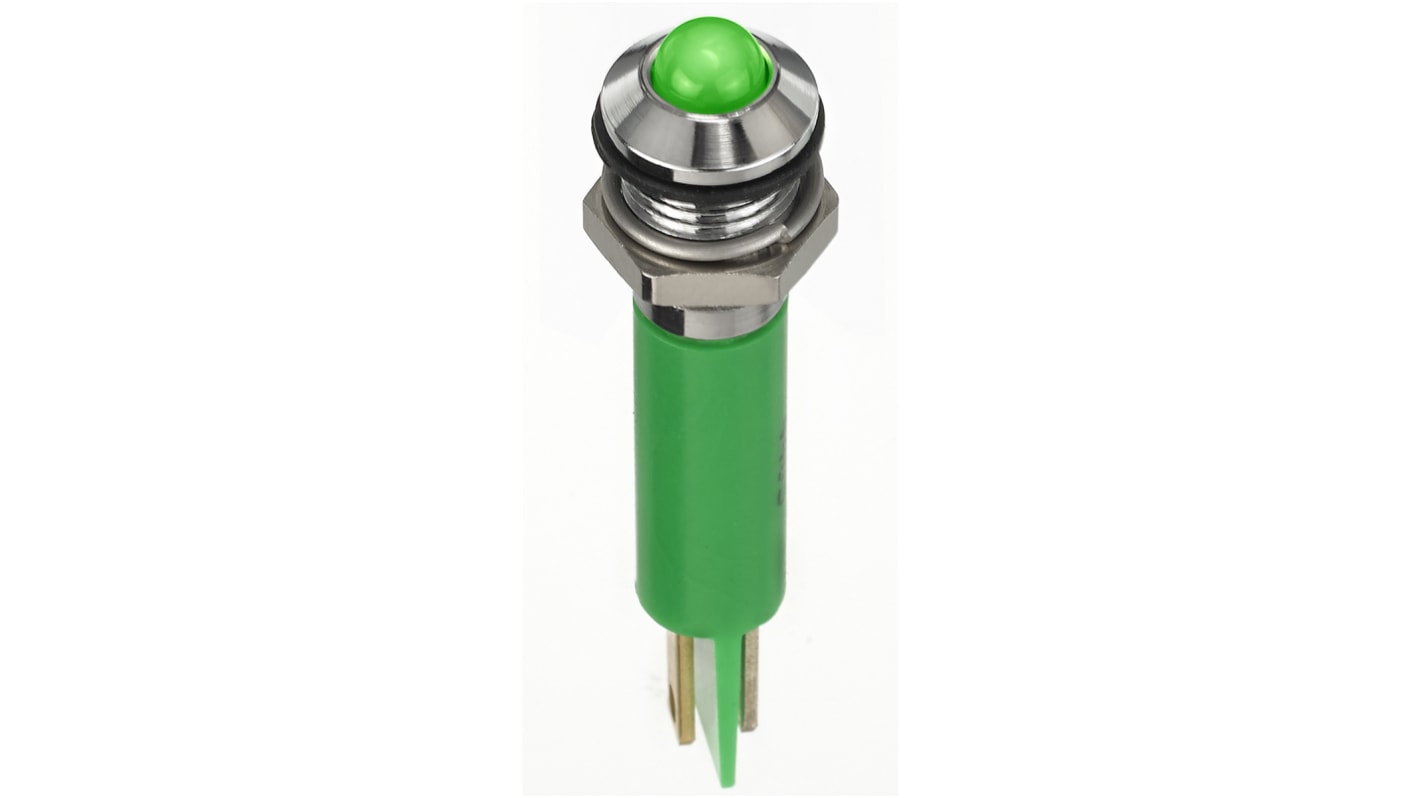 RS PRO Green Panel Mount Indicator, 2V dc, 8mm Mounting Hole Size, Faston, Solder Lug Termination, IP67