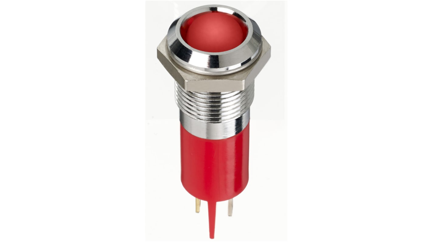 RS PRO 红色LED面板指示灯, 2V 直流, 20mA, Φ14mm安装孔, Faston，焊接接线片端接, 凸型边框, 铬色边框, IP67