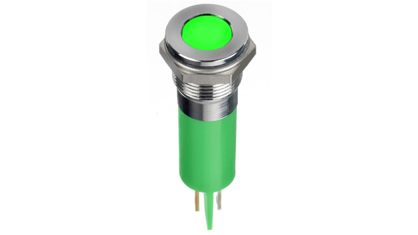 RS PRO Grøn Lysdiode Panelmonteret kontrollampe 14mm hulstr., Forsænket, Spadestik, loddeflig, 2V dc, Krom frontramme