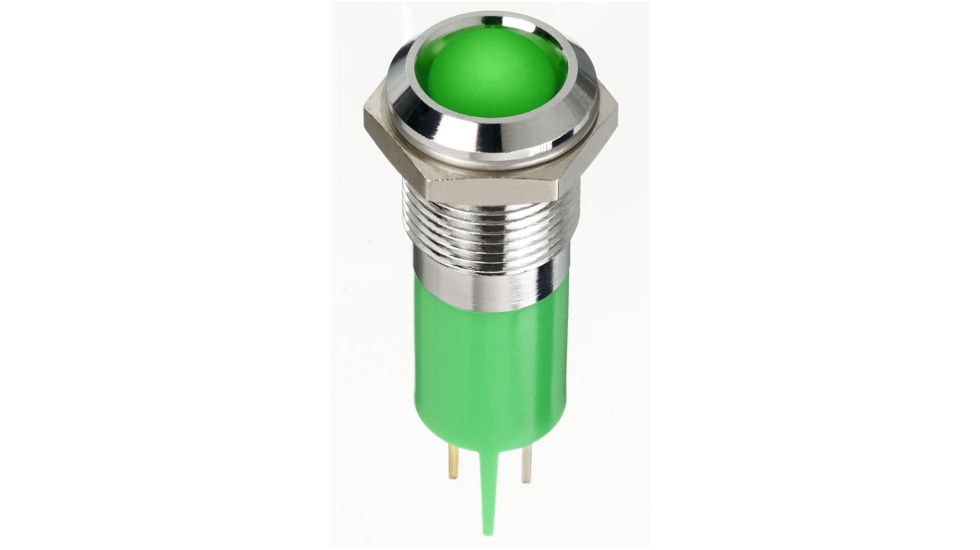 Lampka kontrolna do montażu panelowego 12V dc, zielona 14mm LED Chrom Faston, oczko lutownicze RS PRO
