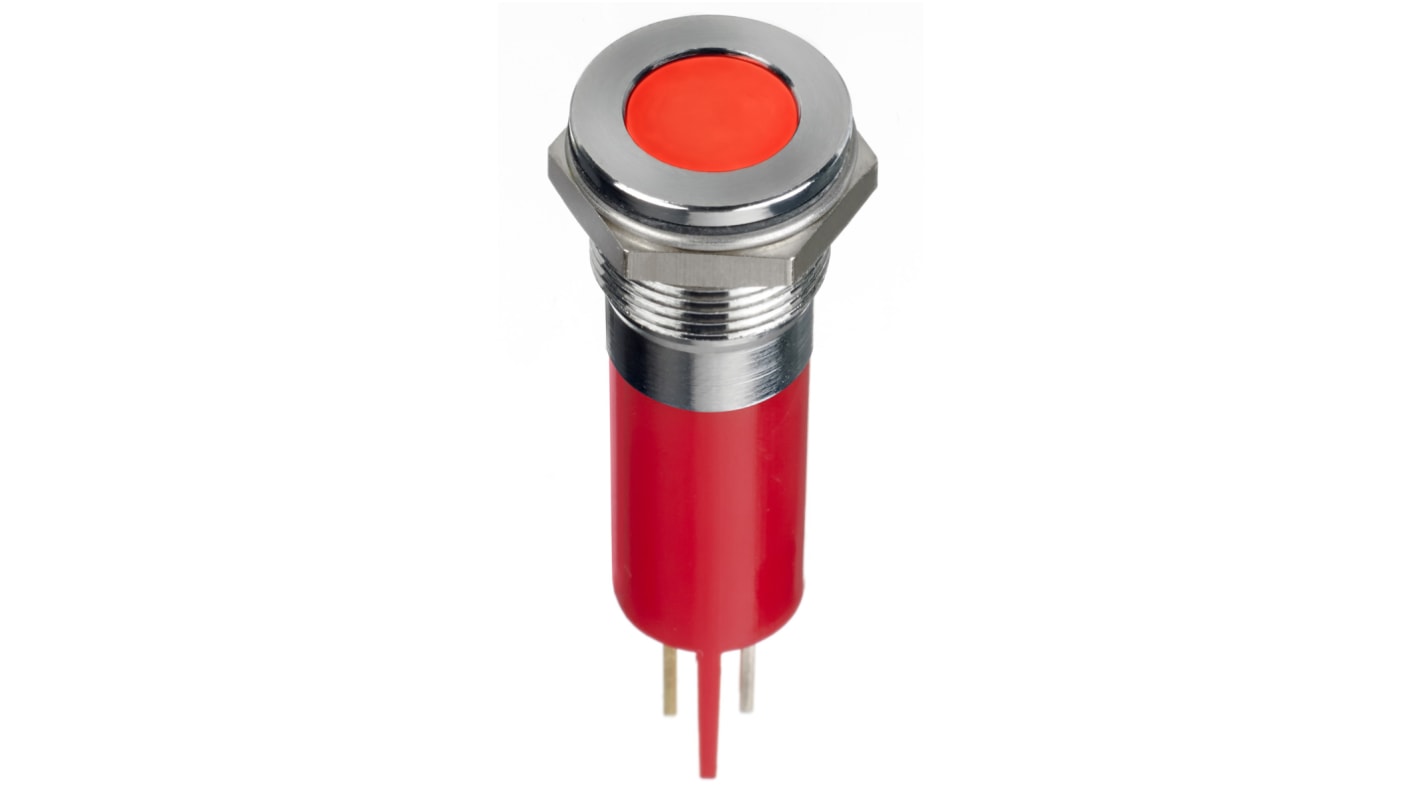 RS PRO Rød Lysdiode Panelmonteret kontrollampe 14mm hulstr., Forsænket, Spadestik, loddeflig, 12V dc, Krom frontramme