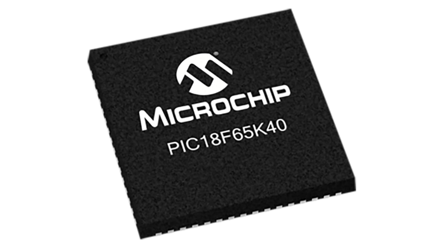 Mikrokontroler Microchip PIC18 QFN 64-pinowy Montaż powierzchniowy PIC 64 kB 8bit 64MHz RAM:3,562 kB Flash 2,3 →
