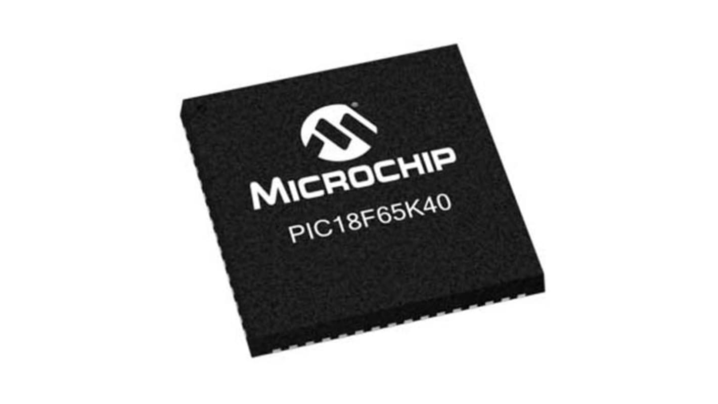 Mikrokontroler Microchip PIC18 QFN 64-pinowy Montaż powierzchniowy PIC 64 kB 8bit 64MHz RAM:3,562 kB Flash 2,3 →