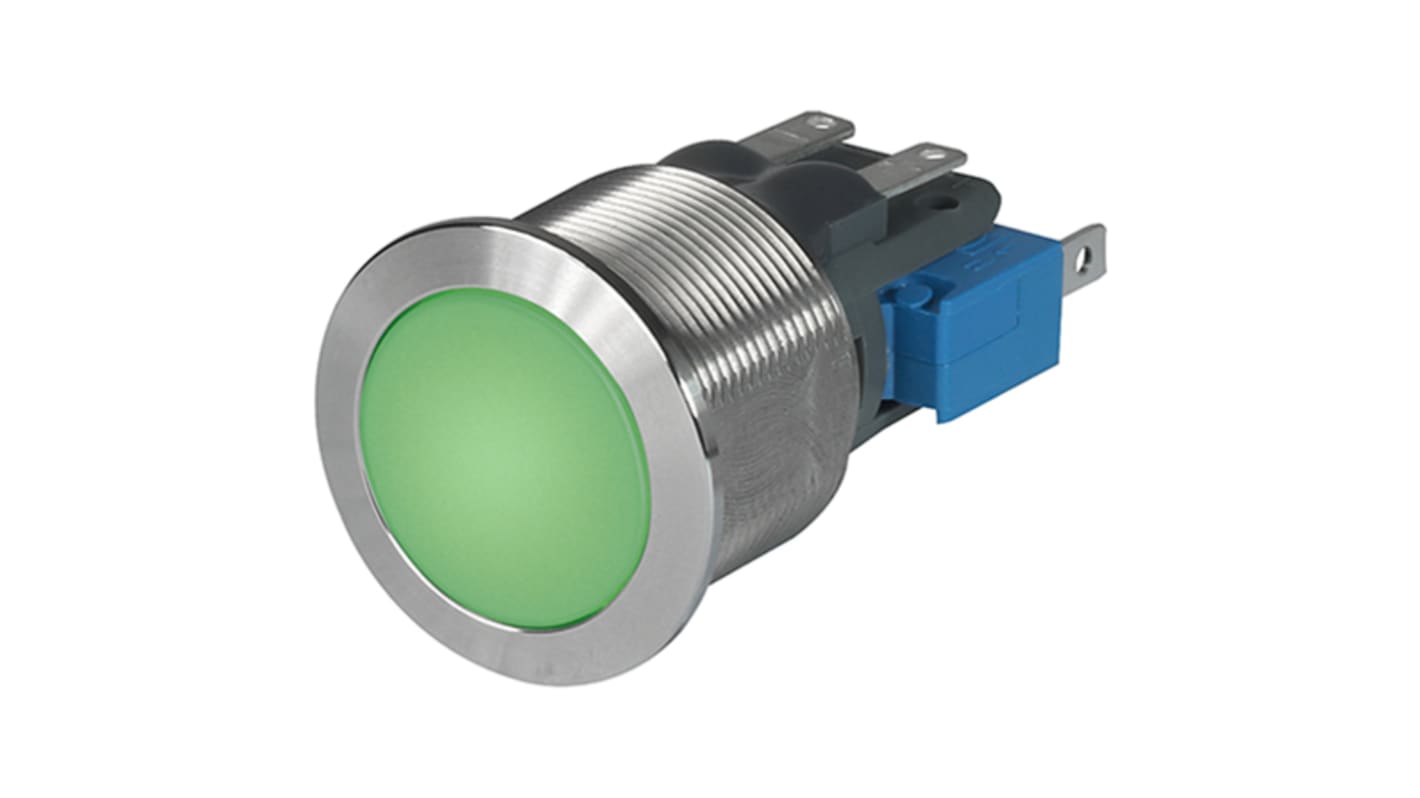 Schurter Illuminated Push Button Switch, Momentary, Panel Mount, 19.1mm Cutout, SPDT, Green LED, 250V ac, IP40, IP65,