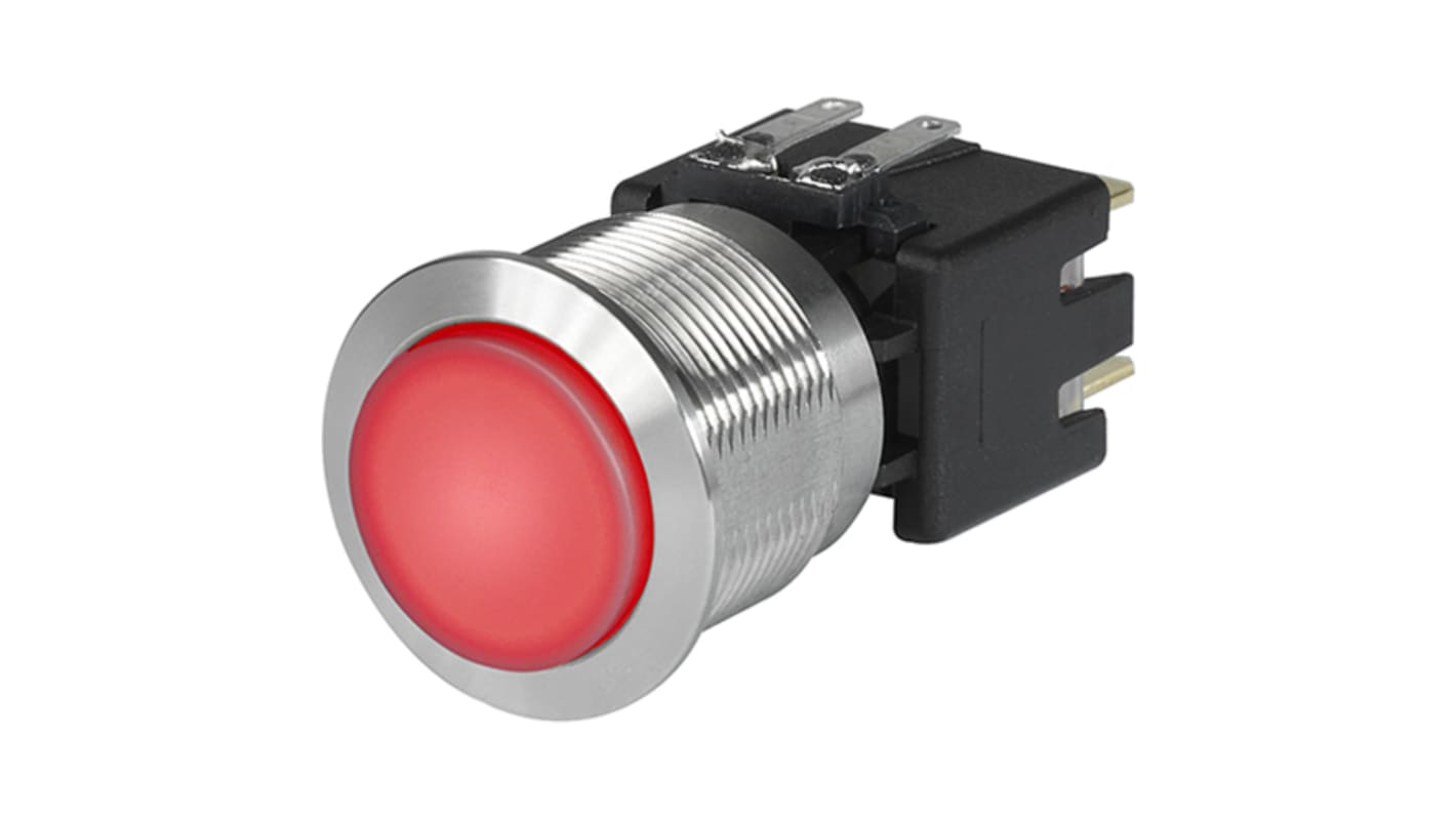 Schurter Illuminated Push Button Switch, Latching, Panel Mount, 19.1mm Cutout, DPDT, Red LED, 30 V dc, 250V ac, IP40,