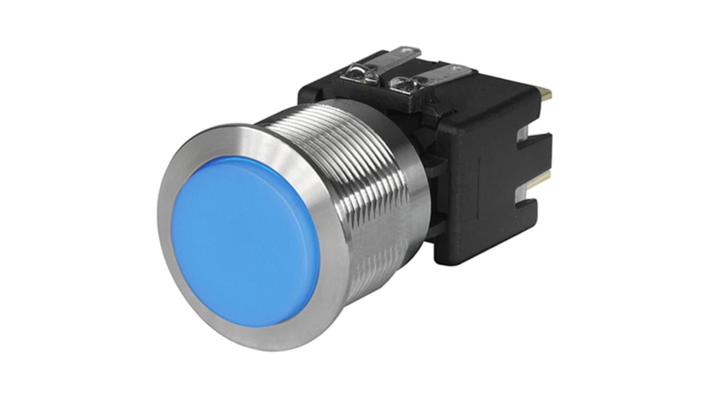 Schurter Illuminated Push Button Switch, Latching, Panel Mount, 19.1mm Cutout, DPDT, Blue LED, 30 V dc, 250V ac, IP40,