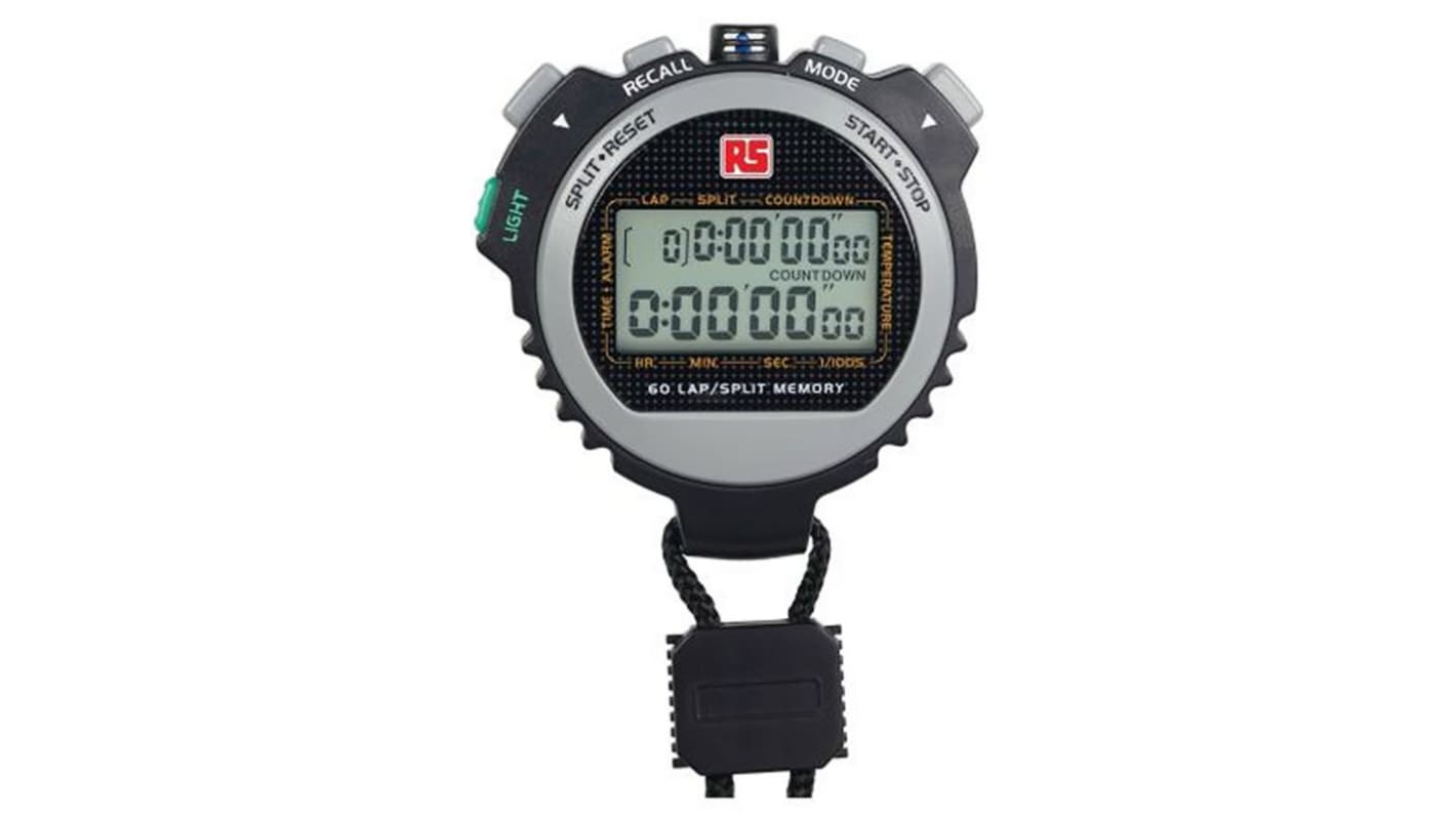 RS PRO Black Digital Pocket Stopwatch 9 h 59 min 59.99 s, With UKAS Calibration