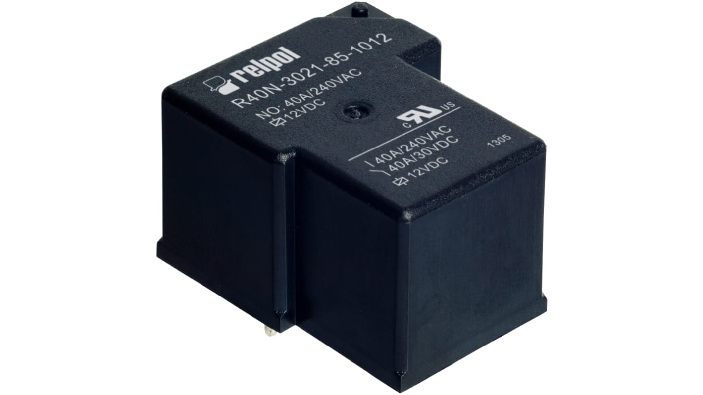 Relpol PCB Mount Power Relay, 12V dc Coil, 40A Switching Current, SPST